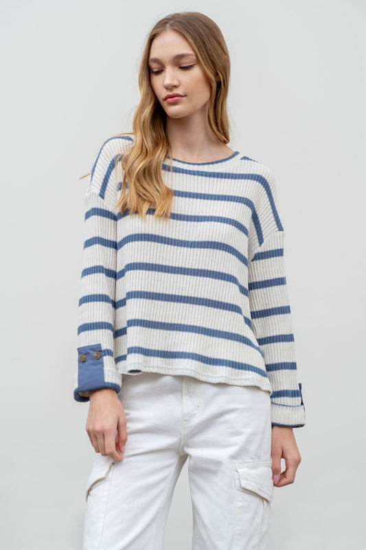 Tia Striped 3/4 Folded Sleeve Top